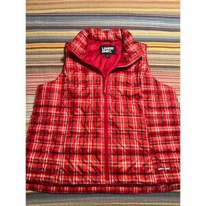 Lands' End Womens Puffer Vest 1X Red Plaid Full Zip Sleeveless Outdoor